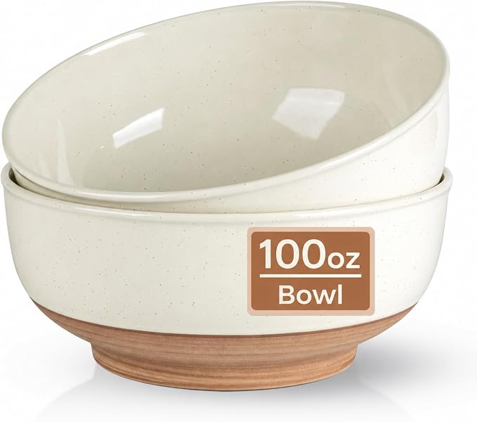 AmorArc 9.8’’ Ceramic Serving Bowls, 3.1 Qt Extra Large Salad Bowls Set of 2, Stoneware Oversized Bowls with Rustic Terracotta Underside for Salad, Soup and Dinner. Large Bowls for Entertaining &Gift