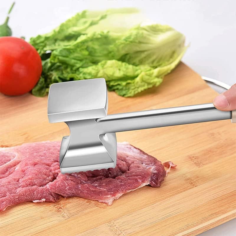 Meat Tenderizer Dual Hammer Function Pounder Tool with Textured Side and Flat Side For Tenderizing Steak Beef Poultry 10.8'' Length, Black and Silver