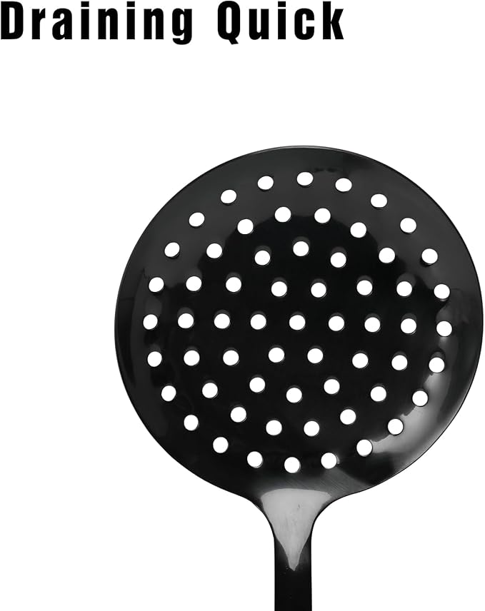 Black Stainless Steel Skimmer Spoon, Metal Slotted Spoon Strainer for Frying, Pasta, Vegetables, Dumplings, Wontons, Long Handle, Dishwasher Safe