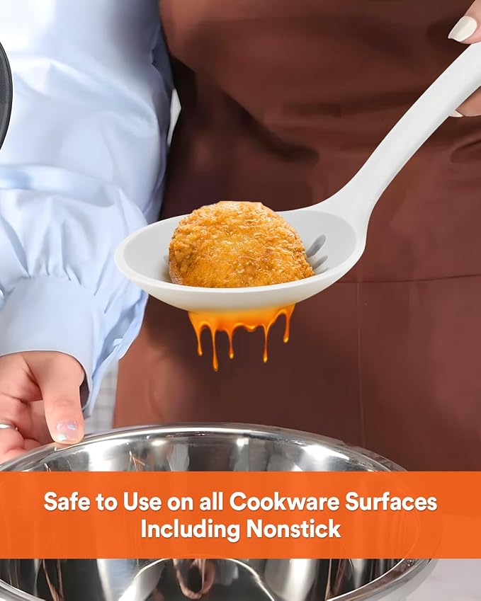 Kitchen Ladle Strainer, Large Slotted Spoon with High Heat Resistant BPA Free, Non Stick Cooking Skimmers For Draining & Frying, 13.2inch (White)