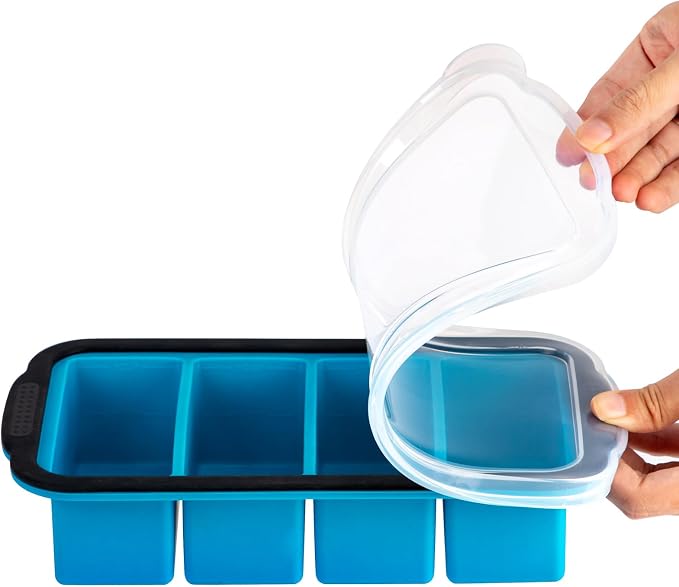 Aichoof 1 Cup Extra Large Silicone Cube Freezing Trays with Silicone lid for soup saver, Silicone Freezer Container for broth,sauce or butter -makes 4 great portions 1cup ice Cube(2 PACK, Blue)