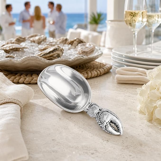 Arthur Court Crab Handle Ice Scoop - Sand Casted and Hand Polished Aluminum - Coastal Barware - 8 Inch Long