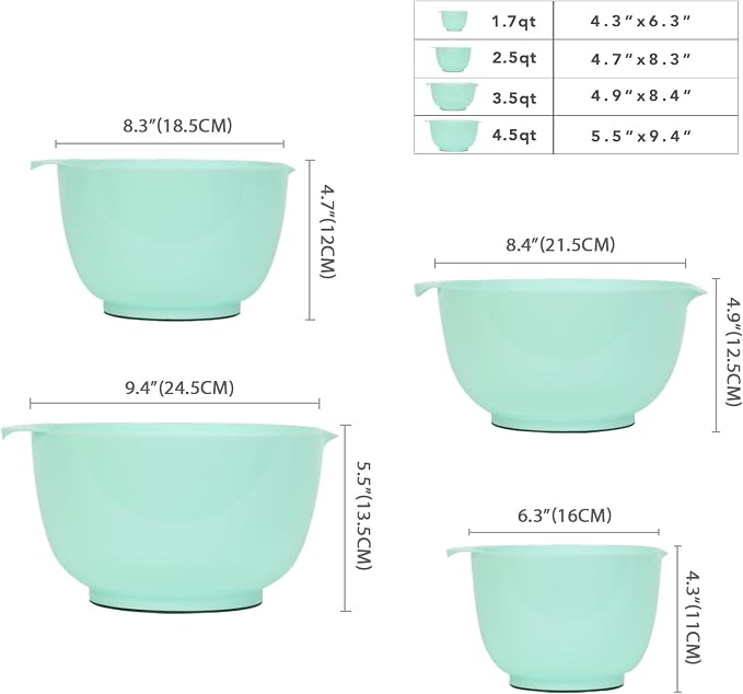 BoxedHome Mixing Bowls Set of 4, BPA Free Plastic,Microwave Safe, Green | 4.5/3.5/2.5/1.7 quarts,Non-slip Base Large Nesting Bowl with Pour Spout, Dishwasher Safe, for Prep, Cooking,Baking