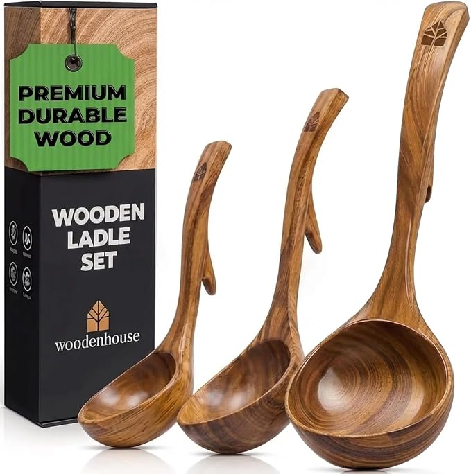 Wooden Ladle for Soup, 3 Size Teak Wood Ladle Spoon with Back Hooks for Pot & Bowl, Non-Stick Wooden Spoon Set for Cooking, Serving and Stirring