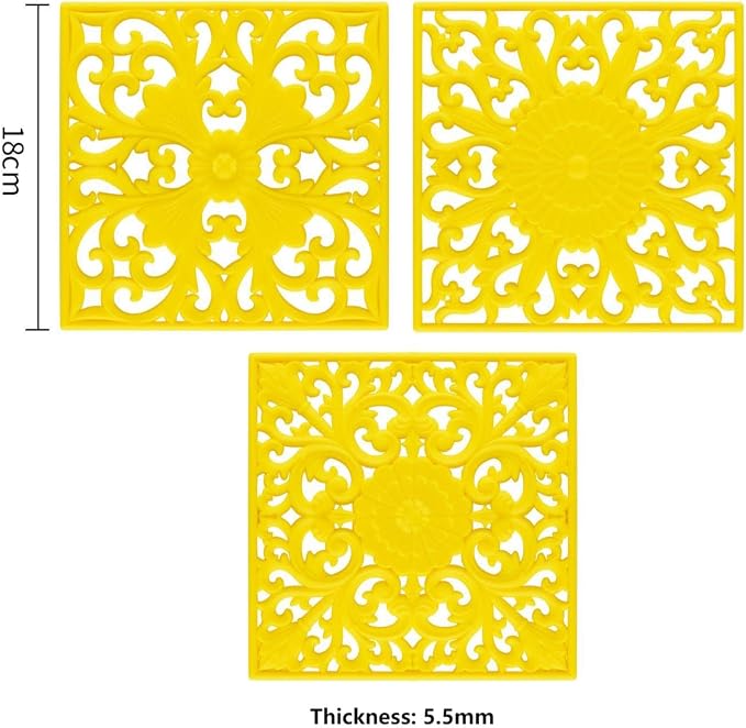 Silicone Trivets for Hot Dishes, Pots & Pans, Square Trivet Mat Table, Hot pads Kitchen Counter, Heat Resistant Mats Countertop, Non-Stick Silicone Mat, Yellow Pot Holders Accessories Set 3