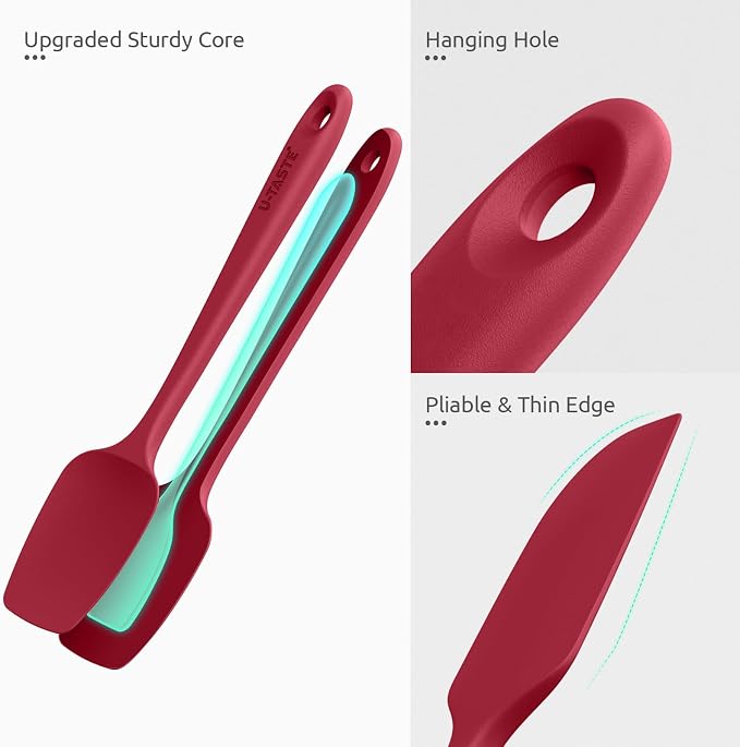 U-Taste Flat Spatula & Spoon Spatula: 11.38in 600ºF Heat Resistant Silicone Bowl Scraper, Flexible Rubber Kitchen Cooking Mixing Utensil with Upgraded Non-Stick Surface (Set of 2, Red)