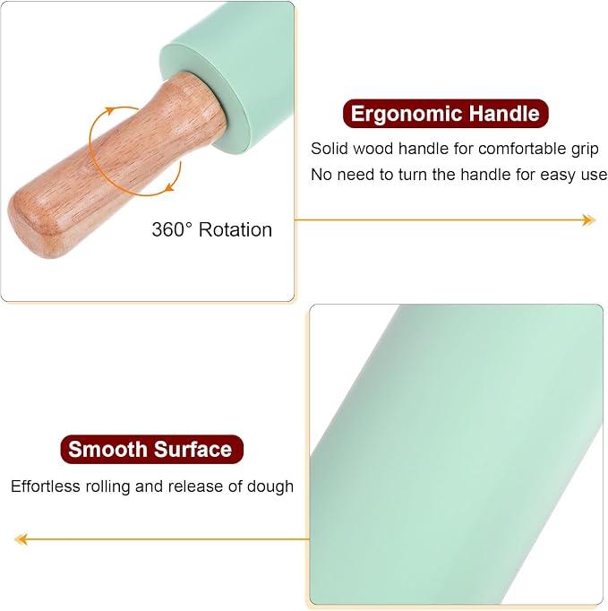 HARFINGTON 2pcs Silicone Rolling Pins for Baking 14.96 Inch Non-Stick Silicone Surface Wooden Handle Rolling Pin Small Roller Playdough Rolling Pins for Fondant Kitchen Dough Pizza, Green