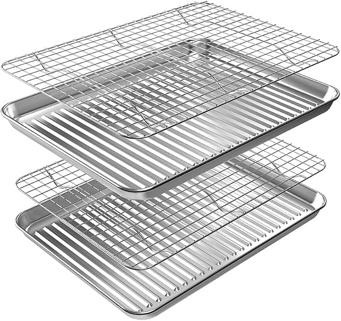 Quarter Baking Sheet Pan Cooling Rack Set, Stainless Steel 2 Pans + 2 Racks | 12x10x1 Inches Baking Sheet Pan with Nonstick, Warp Resistant, Heavy Duty Design for Baking, Roasting, and Cooking