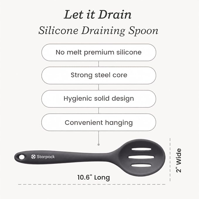 Starpack 'Let it Drain' Silicone Slotted Spoon(10.6 Inches) - Small Slotted Spoon for Cooking Heat Resistant to 600°F - Silicone Slotted Serving Spoons, Non Stick Slotted Cooking Spoon