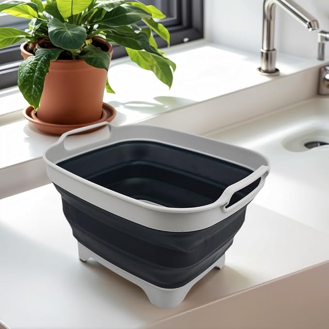 SAMMART 7.5L (2 Gallons) Collapsible Dishpan with Draining Plug - Foldable Washing Basin - Portable Dish Washing Tub - Space Saving (Grey/Slate Grey, 1)