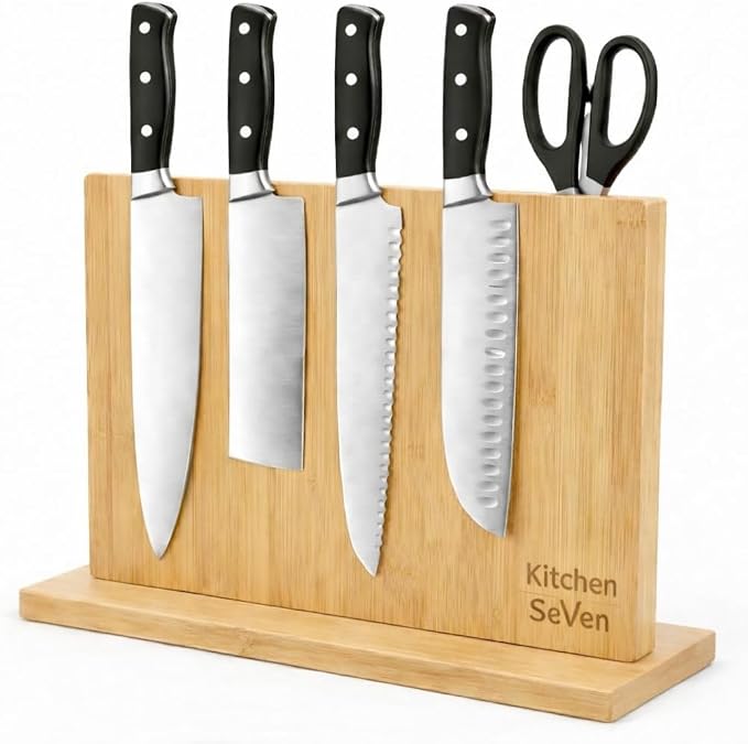 Magnetic Knife Block with 18 COREVA™ Magnetic Plates – Double Sided Bamboo Knife Holder, Engineered Full-Surface Magnetic System for All Knives & Scissors, Countertop Storage Organizer