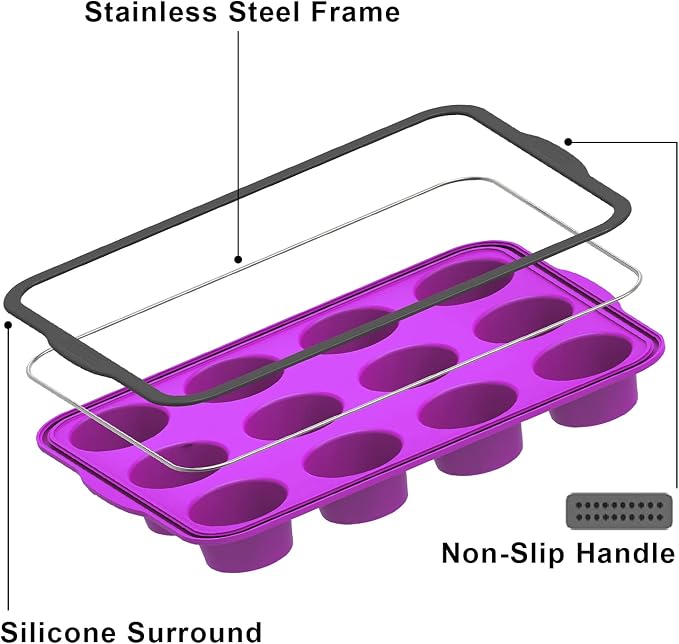 Aichoof Non-Stick Silicone Muffin Pan With Reinforced Stainless Steel Frame Inside,12 Cup Regular Muffin Baking Mold, 12 Cup Muffin Tin, BPA Free,Dishwasher Safe, Purple