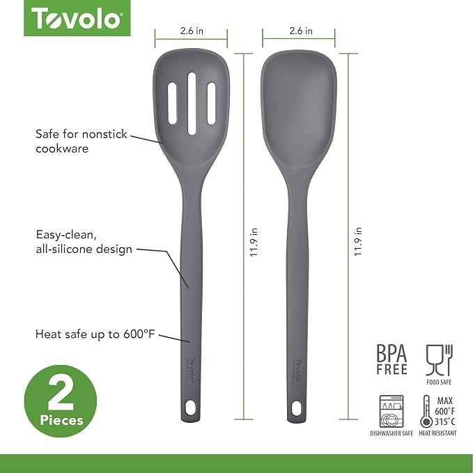 Tovolo Elements Silicone Spoon Set of 2 Mixing and Slotted Spoon Bundle for Non Stick Cooking Mixing Serving, Dishwasher Safe Heat Resistant Slotted Spoon and Mixing Serving Spoon, Charcoal Gray