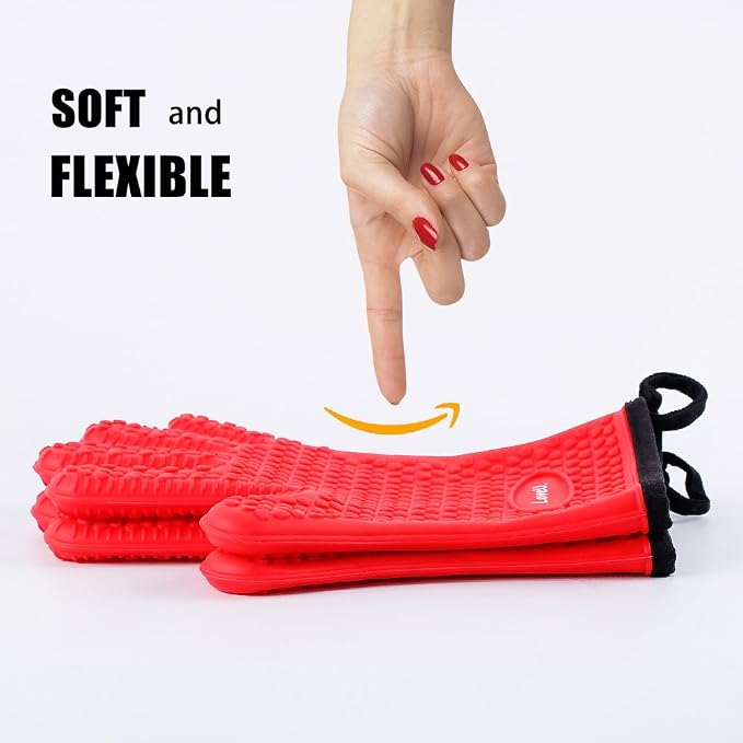 Kitchen Oven Gloves - Dual-Layer Heat Resistant Grilling Gloves, Silicone Oven Mitts with 5 Fingers, Waterproof Non-Slip Pot Holder for Barbecue, Cooking, Baking (Red)