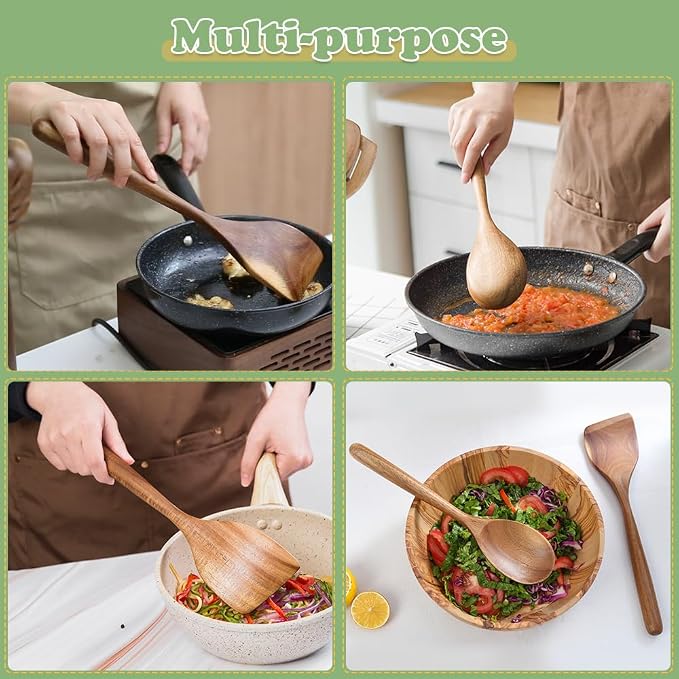 Wooden Cooking Spoon Utensils, 2pcs, Spoons Spatulas Set for Kitchen Cooking, Wood Scraper for Frying Scraping and Mixing, Nonstick Cookware Spatulas Spoon Gadget for Fried Flipping Turning Cooking