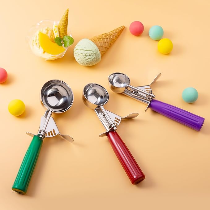 Cookie Scoop Set of 3, Ice Cream Scoop with Trigger Release & Anti-Freeze Grip, 18/8 Stainless Steel Cookie Scoops for Baking, Portion Scooper for Cookie Dough, Cupcake, Mashed Potatoes (S/M/L)