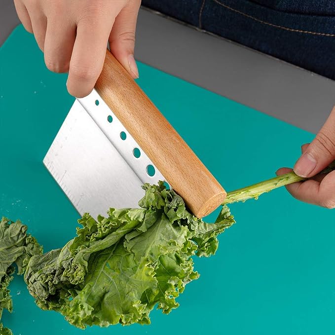 Stainless Steel Pastry Scraper, Dough/Pastry/Bread Bench Scraper/Cutter/Chopper/Pizza Cutter /Stainless Herbal Peeling Machine with Non-Slip Rectangle Wood Handle and Herb Stripper 8-hole