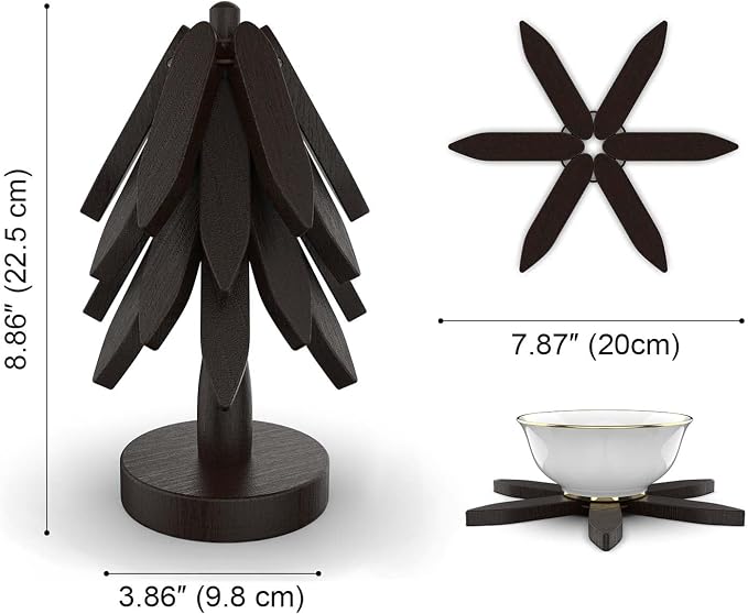 Wooden Trivets for Hot Dishes,Tree Shape Trivet Set, 4 Wooden Trivets+1 Stand, Natural FoldableKitchen Wooden Trivet for Hot Dishes、Pot、Bowl、Teapot、Hot Pot Holders (Black)