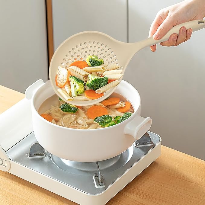 Kitchen Ladle Strainer, Large Slotted Spoon with High Heat Resistant BPA Free, Strainer Scoop for Pasta Noodles Vegetables, Non Stick Cooking Skimmers for Draining & Frying, Beige