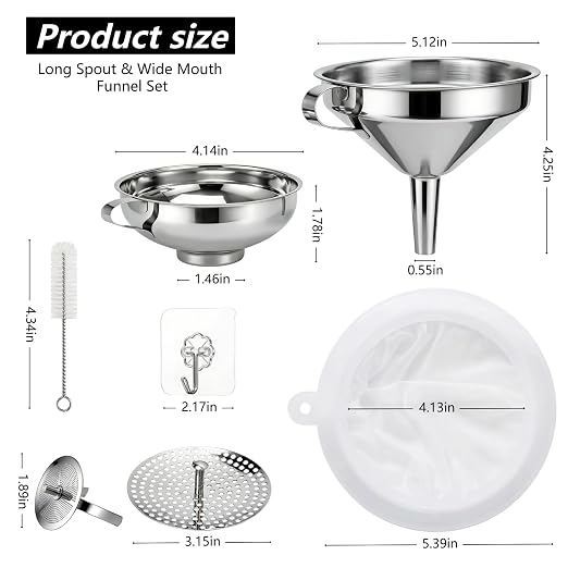 Stainless Steel 2 Pack Funnel Set Long Spout Funnel for Narrow Neck Bottles (Oil, Sauce) Wide Mouth Funnel for Mason Jars, Canning with 200μm Fine Mesh Strainer & Removable Filters (Small Set)