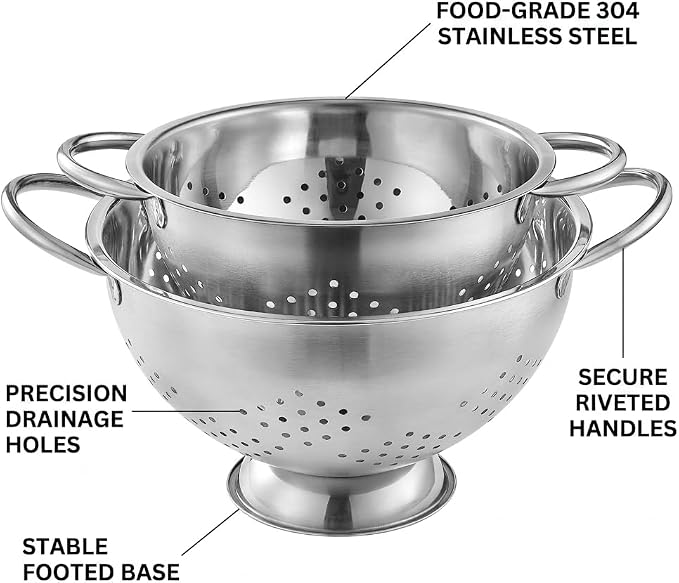 2 Pack Stainless Steel Colander Set with Handles - Heavy-Duty Nesting Strainers (5 Qt, 1 Qt) for Pasta, Rice, Vegetables, Rust-Proof Kitchen Drainer Bowls