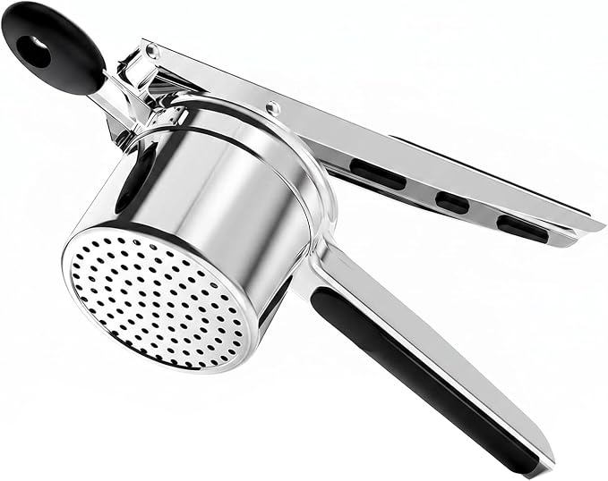 Stainless Steel Potato Ricer, Deep Bowl Potato Masher with Non-Slip Silicone Handle, Easy-Clean Durable Multi-Purpose Mashed Potato Ricer for Potatoes, Tomatoes and Soft Fruits(PR-01)