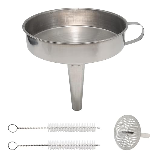 4.3-Inch Silver Stainless Steel Funnel with Strainer, Metal Funnel with Cleaning Brush, Filtering Funnel for Filling Bottles Transferring Liquid Oil Juice Milk Kitchen Use