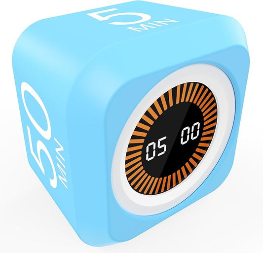 Rotating Pomodoro Cube Visual Timer 5, 25, 10 50 Minutes Preset, Rechargeable Desk Productivity Flip Timer w/Silicone Cover Custom Countdown, Silent Mode for ADHD, Study, Work, School(Blue)