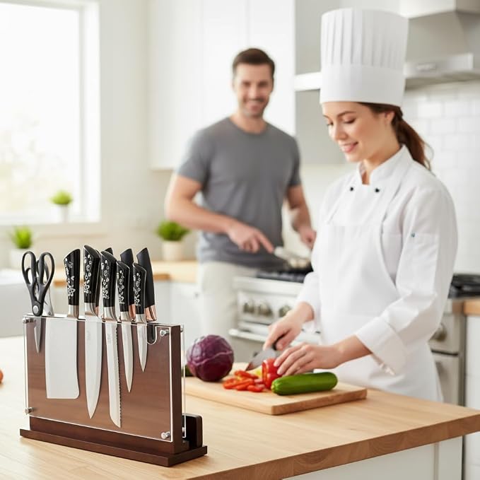 Magnetic Knife Holder 14x10 Inches Extra Large Size with Knife Sharpener Wooden Double Sided Magnetic Knife Block for Kitchen Counter with Cutting Board Slot & Acrylic safety shieldf, Sturdy & Durable