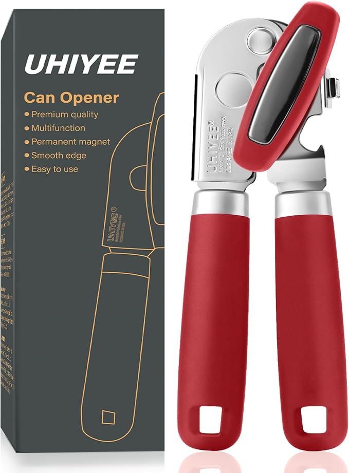 UHIYEE Classic Manual Can Opener for Home Kitchen, Durable 420J2 Stainless Steel Handheld Opener with Magnetic Lid Lifter & Easy-Turn Oversized Knob for Arthritis, Red
