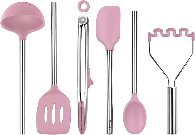 Tovolo Silicone Cooking Utensil Set of 6 Pink Sorbet Ladle Slotted Turner Tongs Flex Core Spatula Scraper Mixing Spoon and Potato Masher, Dishwasher Safe BPA Free Silicone Kitchen Utensils