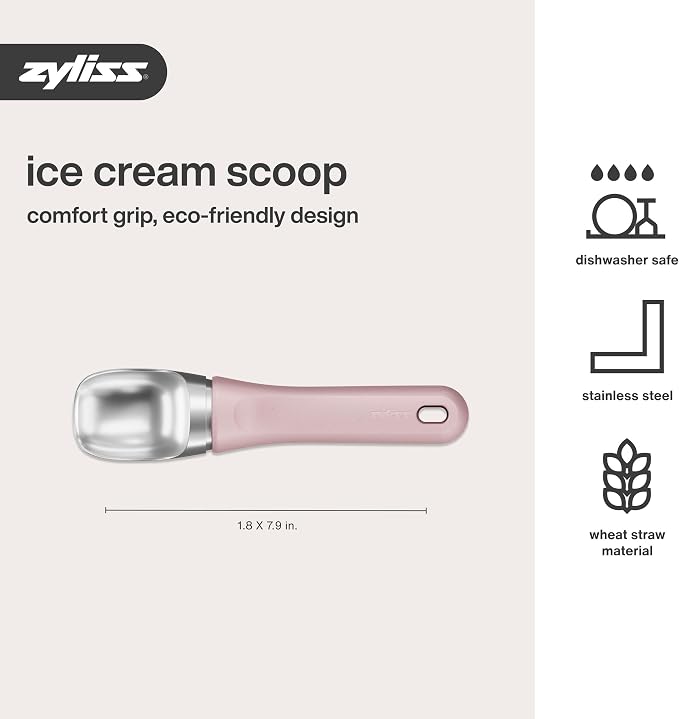 Zyliss Ice Cream Scoop - Stainless Steel Ice Cream Scoop - Dishwasher-Safe Scooper with Eco-Friendly Handle - Pink