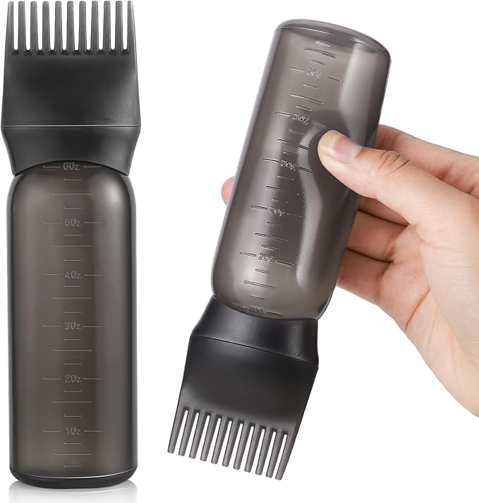 Pimoys 6Oz Root Comb Hair Dye Oil Applicator Bottles for Scalp, Black | Plastic Squeeze Bottle Dispenser with Graduated Scale, Comb Tip Applicator For Hair Coloring Scalp Oiling, Home Salon Use