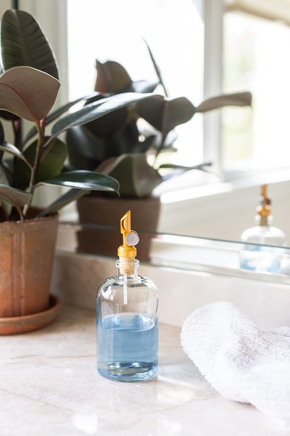 Rail19 Clear Glass Mouthwash Dispenser with Metal Pour Spout | Cooking Oil and Vinegar Dispenser - Perfect for the Bathroom, Kitchen & Tabletop, 13oz (Gold)