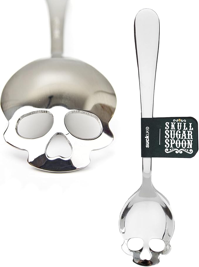 Suck UK Skull Teaspoon - Stainless Steel Sugar Spoon - Plastic-Free Kitchen Utensil & Coffee Accessory - Portion Control Mini Dessert Spoon & Novelty Skull Gift for Gothic Home Decor & Creepy Chefs