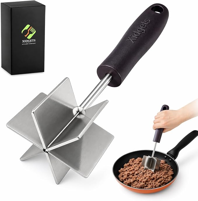 Large Stainless Steel Meat Chopper, Masher & Cocktail Muddler | Dishwasher Safe | 6-Blade Chopper Tool | Oversized Ergonomic Handle | Heat Resistant Grip (Black 10")