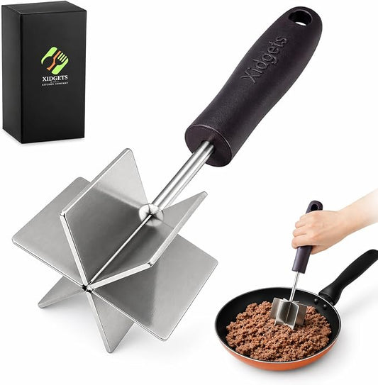 Large Stainless Steel Meat Chopper, Masher & Cocktail Muddler | Dishwasher Safe | 6-Blade Chopper Tool | Oversized Ergonomic Handle | Heat Resistant Grip (Black 10")