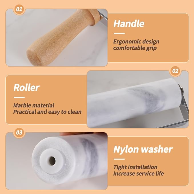Small Marble Rolling Pin for Dough-Non-Stick T-shaped Hand Roller for Dough,Compact-Ideal for Home Bakers（Type A White）