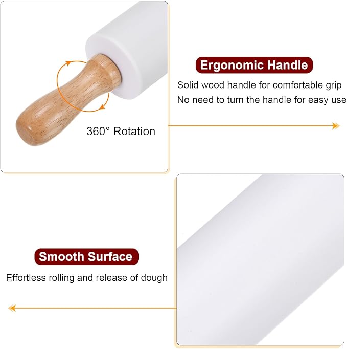 HARFINGTON 2pcs Silicone Rolling Pins for Baking 12.2 Inch Non-Stick Silicone Surface Wooden Handle Rolling Pin Small Roller Playdough Rolling Pins for Fondant Kitchen Dough Pizza, White