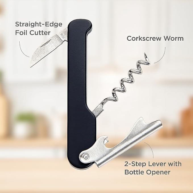 HIC Kitchen Bar Soft-Touch Waiter’s Corkscrew, Non-Slip Grip, Easy Removal For Natural And Synthetic Corks, Built-In Foil Cutter, Wine Accessory