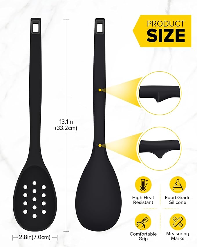 Pack of 2 Silicone Cooking Spoons, Non Stick Solid Kitchen Spoon with Measuring Marks & Back Hooks, Heat Resistant Silicone Slotted Spoon for Cooking, Mixing, Stirring,Serving (BLACK)