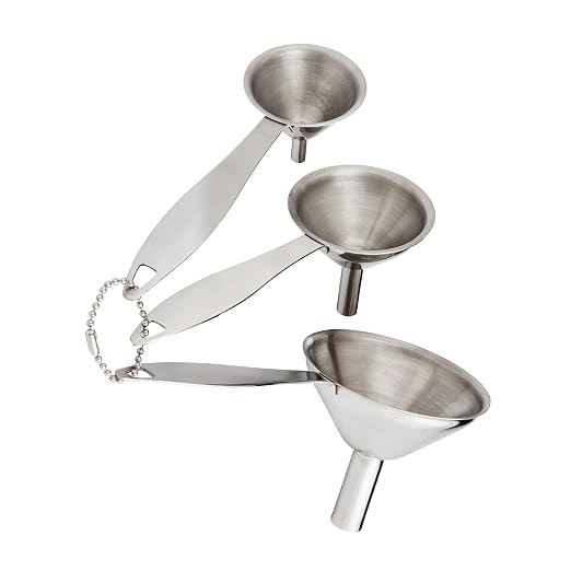 HIC Kitchen Condiment Funnels with Handles, Stainless Steel, Set of 3, 0.5-Ounces, 0.75-Ounces, and 2-Ounce Capacities