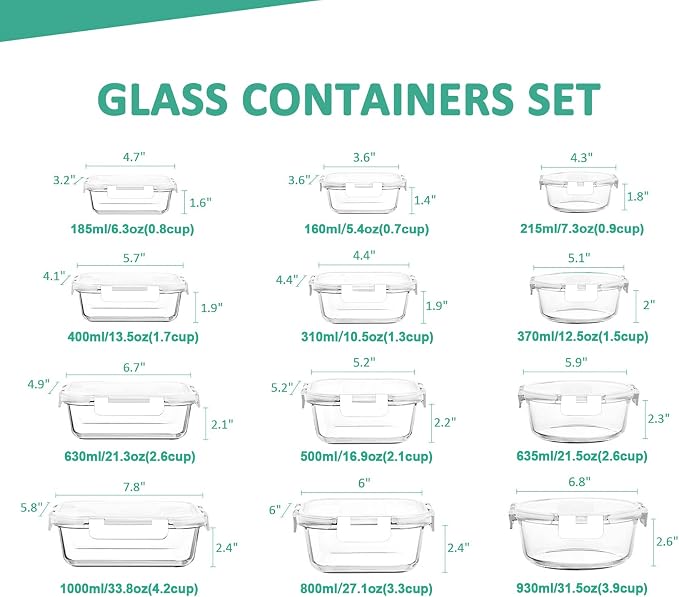24 Pieces Glass Food Storage Containers Set, White | Meal Prep Containers, BPA-Free, Airtight Glass Storage Containers with lids,Freezer, Microwave and Oven Safe