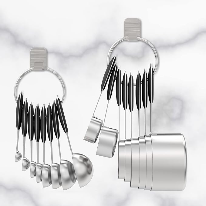 Measuring Cups & Spoons Set of 16, Wildone Stainless Steel Measuring Cups and Measuring Spoons with Black Silicone Handle, Including 8 Nesting Cups, 8 Spoons, for Dry and Liquid Ingredient | 8 Measuring Cups and 8 Measuring Spoons, Nesting Design, Heav...