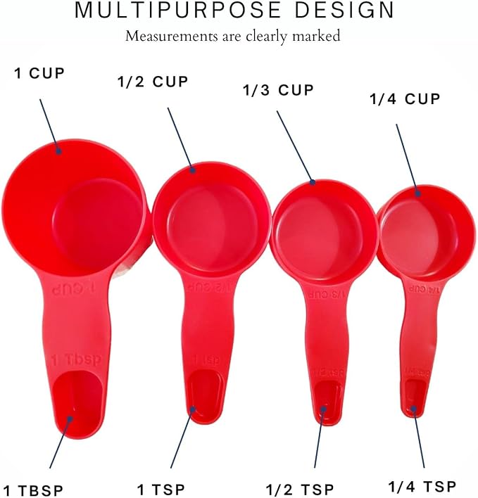 Storage Theory 2-in-1 Measuring Cups & Spoons Set (4-Piece) - Nesting Space-Saving Kitchen Gadget - BPA-Free Food Grade Plastic - Dishwasher Safe for Baking, Cooking, Coffee - Red