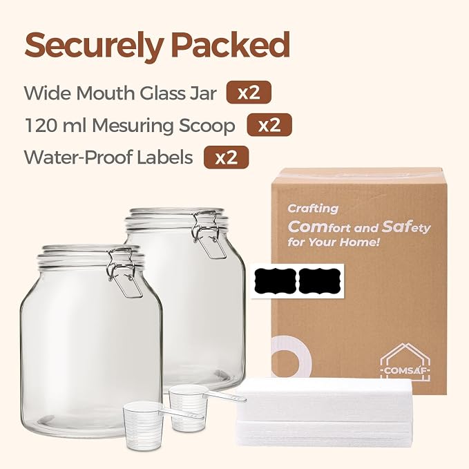 ComSaf Glass Pantry Jars with Airtight Lids 0.7 Gallon 2 Pack Wide Mouth | Flour sugar rice, Sourdough pickling, Pantry organization, Scoop included, Baking supplies, Bulk food storage, Large capacity