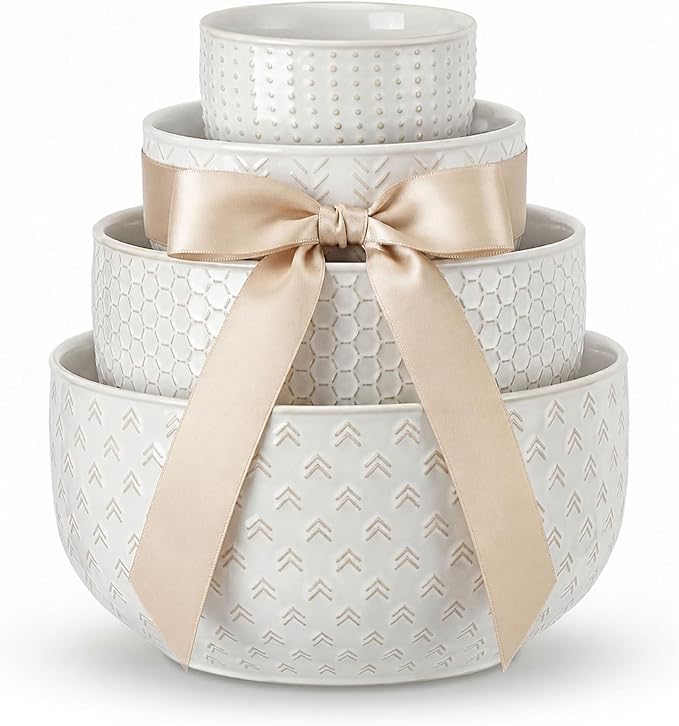 Lareina Ceramic Large Mixing Bowls Set of 4, 20/44/98/145 OZ, Ivory White | Nesting Bowls for Cooking, Baking, Salad Etc, Serving Bowls Gift, Kitchen Stoneware, Oven, Microwave and Dishwasher Safe