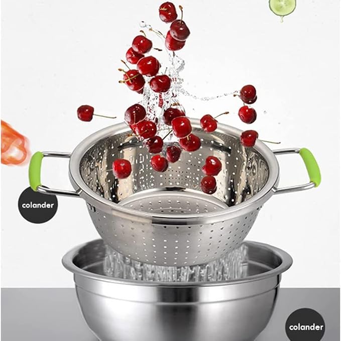 Stainless Steel Deep Colander Micro-perforated 2.5 Quart Metal Food Strainer with Green Silicone Handles for Draining Pasta Cleaning Food like Fruit