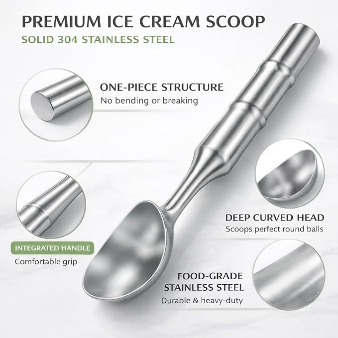 Stainless Steel Ice Cream Scoop, Heavy Duty Ice Cream Scooper with Ergonomic Grip, 100% Dishwasher Safe One-Piece Metal Scoop for Hard Ice Cream, Gelato & Cookie Dough