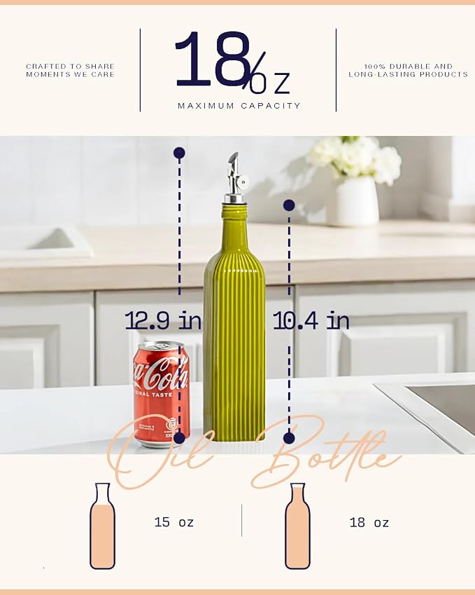 getstar 18 oz Olive Oil Dispenser Bottle for Kitchen, Ceramic Oil Bottle with Automatic Stainless Steel Pourer (Silver Pourer, Vintage White)